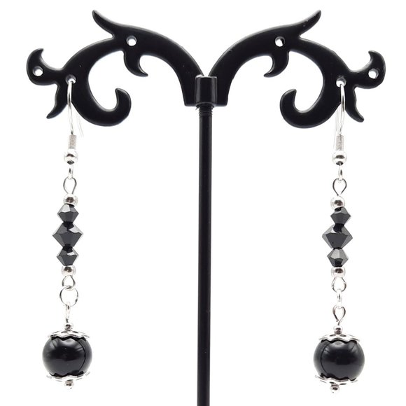 Black Jasper Chakra Healing Gemstone Dangle Drop Earrings Handmade Jewelry - Picture 5 of 7